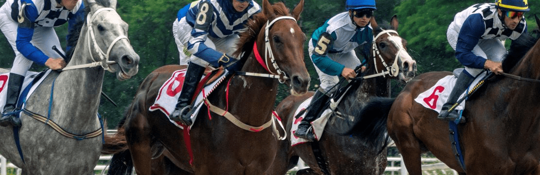 Racehorses and jockeys on a track